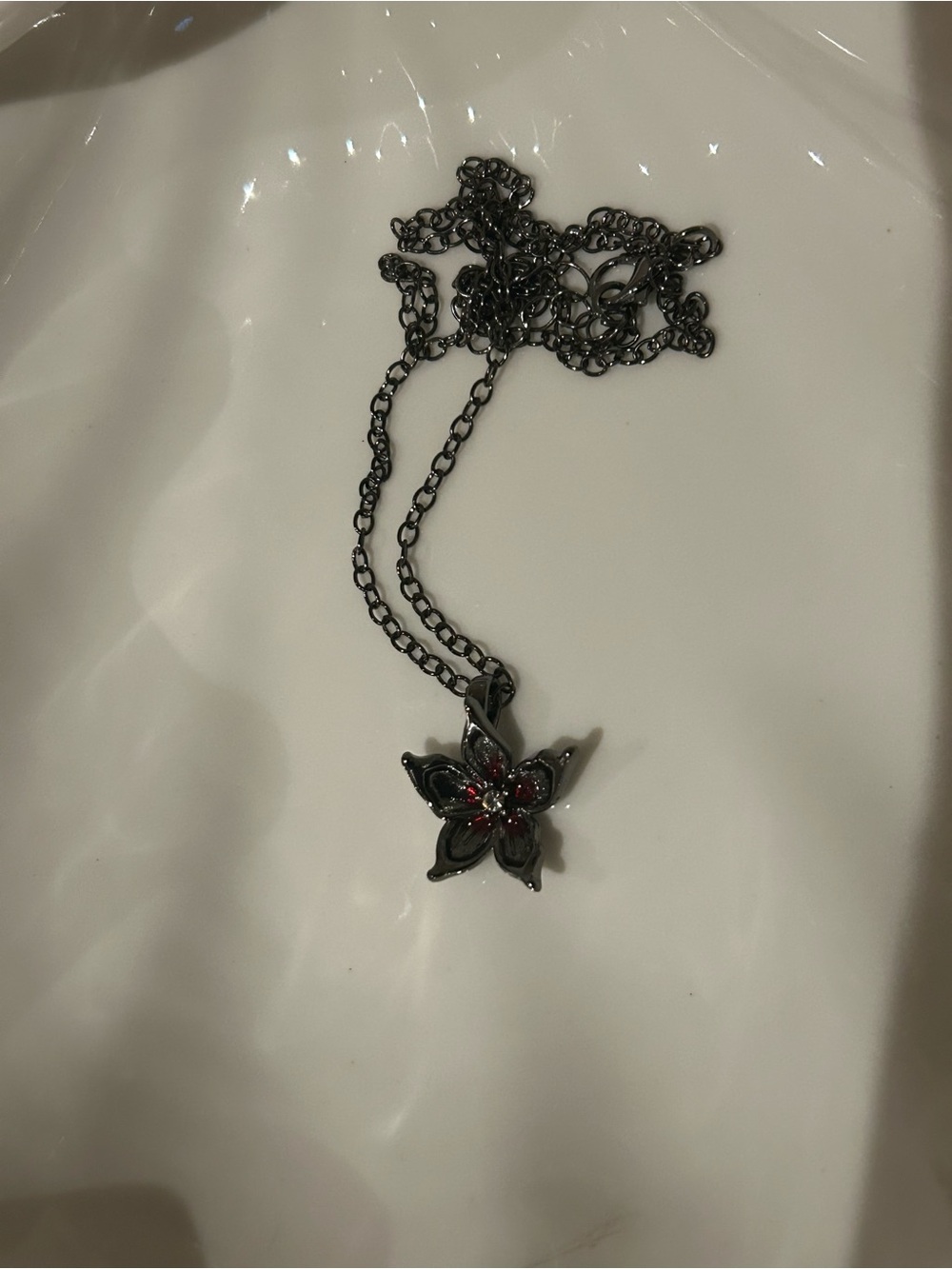 Black Floral Pendant Necklace with Red Accents
